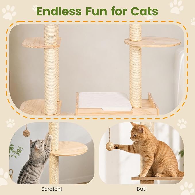 58 Inch Large Solid Wood Cat Tree, Tall Cat Tower for Indoor Cats, Cat Tree House with Double Tunnels, Sisal Scratching Posts, Washable Cushion, Hanging Balls, Natural