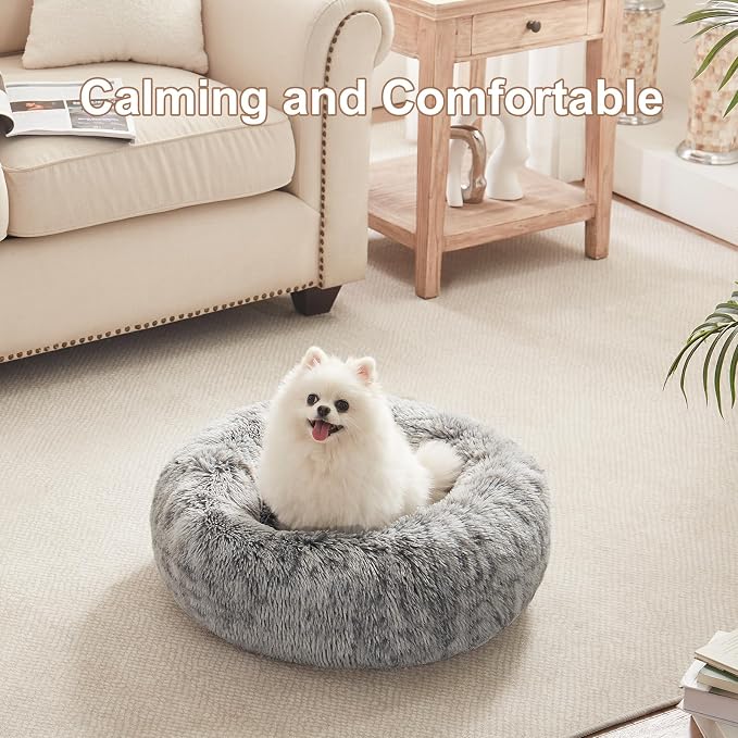 23 inches Donut Dog Bed for Small Dogs - Calming Washable Round Puppy Bed with Removable Cover, Fluffy Plush Pet Bed for Cats & Dogs, Fits up to 25 lbs Pets (Dark Grey,Small)