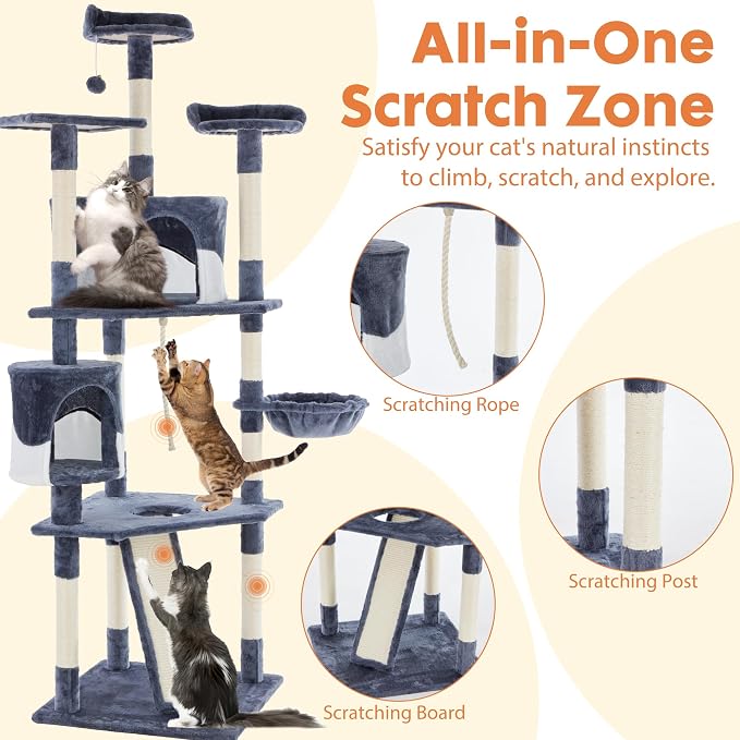 DUMOS Tall 79in Cat Tree Tower with Scratching Posts, Indoor Cats Use | Large Multi Level Cats Climbing Tower with Condo, Extended Platform, Basket, Pet Tree House for Cats Play, Dark Grey