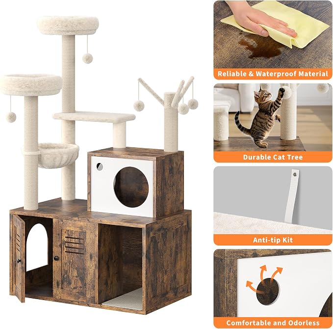 Modern Cat Tree with Hidden Litter Box Cabinet, Multi-Level Cat Condo with Scratching Posts, Perches, Hammock & Basket for Indoor Cats, Brown Wood Finish