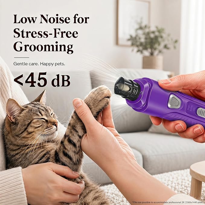 Pet Nail Grinder for Dogs and Cats, 2-Speed Electric Dog Nail Trimmer, Extral Steel Pet Nail Clipper, Rechargeable 2000mAh Nail Grinder for Small Medium Large Dogs with 2 LED Lights, Purple