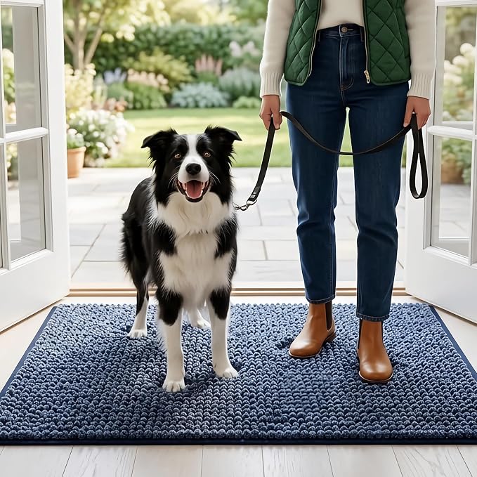 EHEYCIGA Super Absorbent Dog Door Mat for Muddy Paws 24x16 Inch Indoor, Front Doormat Outside Entrance, Quick Dry Chenille Washable Dog Crate Bed, Non-Slip Pet Rug Mud Mat Outdoor Entryway, Navy Blue
