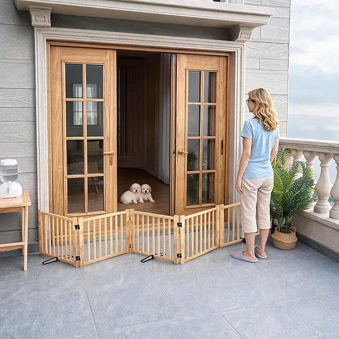 YOCAN Paint-Free Wooden Freestanding Dog Gates for The House,Doorways, Stairs,Wood Dog Fences Indoor Pet Gate,Step Over Fence, 5 Panel H:16.9''