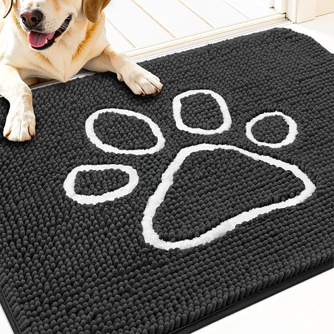 OLANLY Dog Door Mat for Muddy Paws 32x20, Paw Print Design Chenille Mud Mat | Dark Grey, Absorbent, Traps Moisture and Dirt, Non-Slip Washable Doormat, Quick-Drying Indoor Entryway Floor Carpet for Dogs