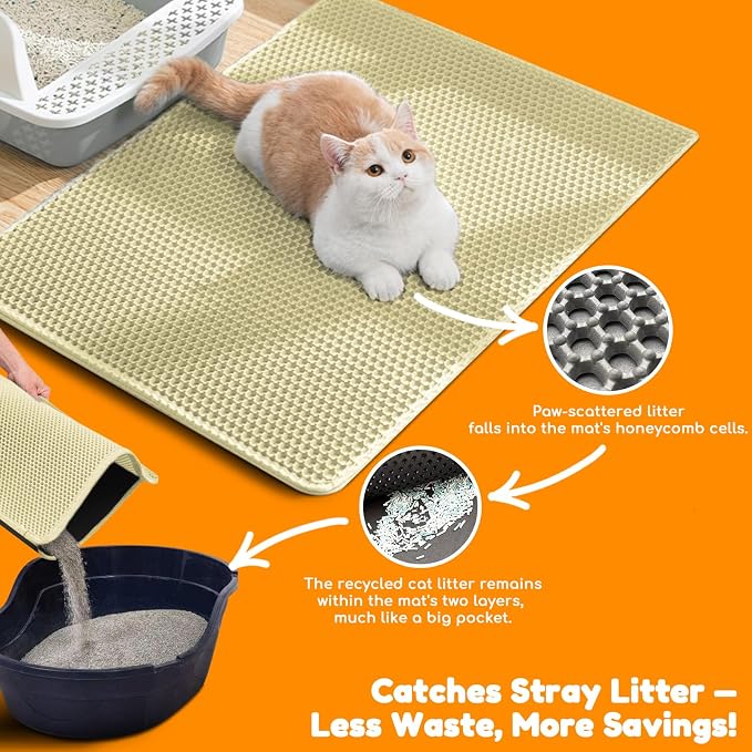 Cat Litter Mat 31"x24",Double Layer EVA Litterbox Mat Cream | Extra Large Honeycomb, Waterproof & non-slip, Odor-free, easy clean, washable durable floor protector,scatter control