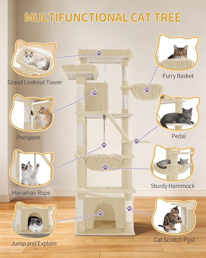 Hzuaneri Large Cat Tree, 72 Inch Tall Multi-Level Cat Tower for Indoor Cats | Cat Condo Furniture with 6 with Sisal Scratching Posts, 2 Large Platforms, 2 Cats House, Hanging Basket, Beige MS18318YG
