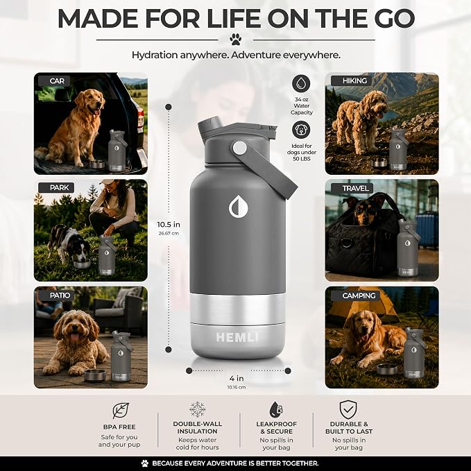 32 oz. Dog Water Bottle, Insulated Dog Travel Water Bottle, Stainless Steel Pet Water Bottle Dispenser Portable Food and Water Bowl for Dogs for Walking Dog Canteen Travel Kit