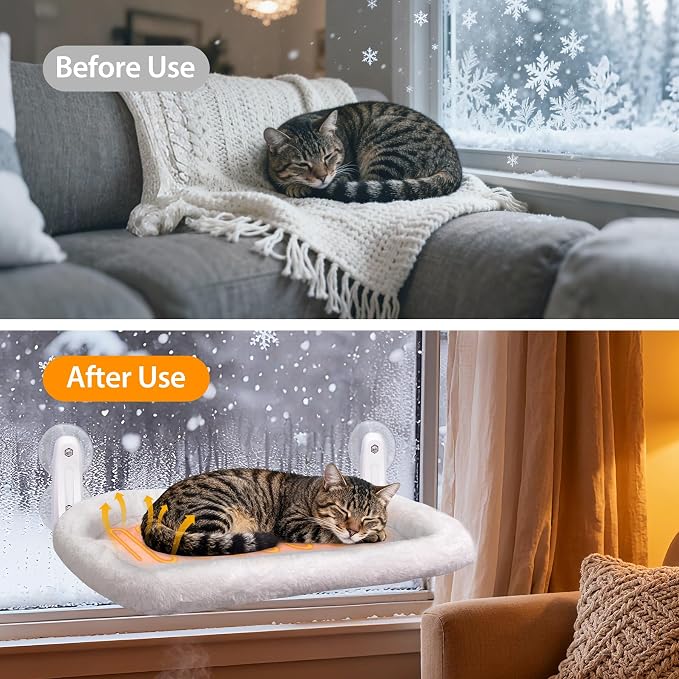 L&W BROS. 2PC Cat Heated Window Perches with Adjustable Thermostat & Timer – Dual Hammocks with Strong Suction Cups, Easy-to-Clean Warm Beds for Multi-Cat Homes, Holds Up to 50lbs Each (M 2PC)