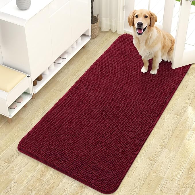 OLANLY Dog Door Mat for Muddy Paws 47x24, Super Absorbent Chenille Mud Mat | Burgundy, Absorbs Moisture and Dirt, Non-Slip Machine Washable Doormat, Quick-Drying Indoor Entryway Floor Carpet for Dogs