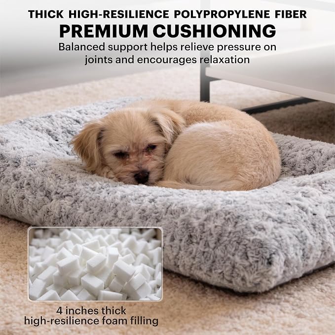 Lafyette. - US Based, Washable Faux Fur Dog Bed, Deluxe Plush Dog Crate Bed, Comfy Kennel Pad, Anti-Slip Pet Sleeping Mat, Soft Cozy Mattress for Large, Medium, Small Size Breed Dogs, 35" x 23", Grey