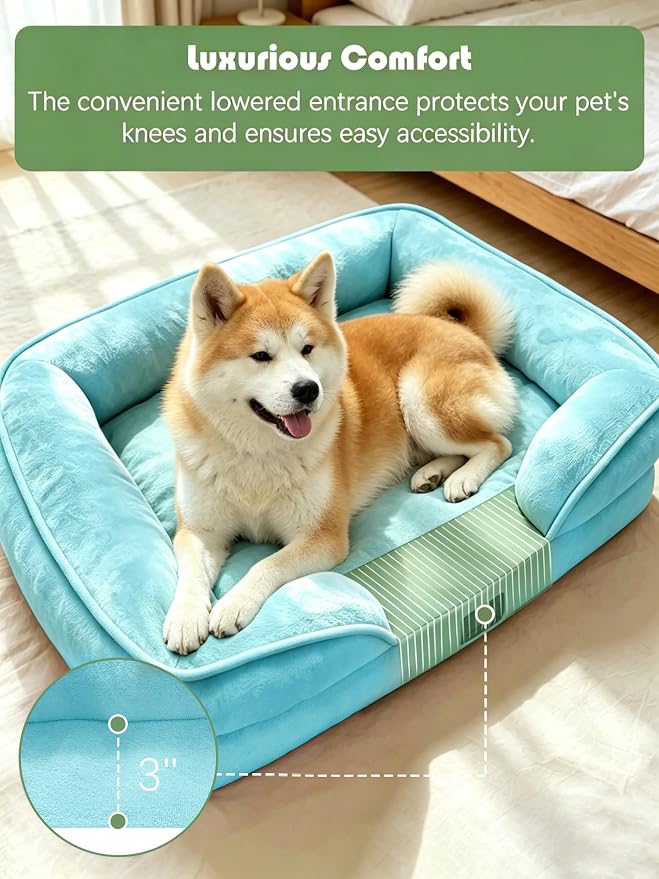 Spotted Play Orthopedic Dog Bed with Sides - Sofa Beds for Extra Large Dogs, Supportive Foam Pet Couch Bed with Washable Removable Cover, Waterproof Lining and Non-Slip Bottom, Ice Blue - XL-Plus