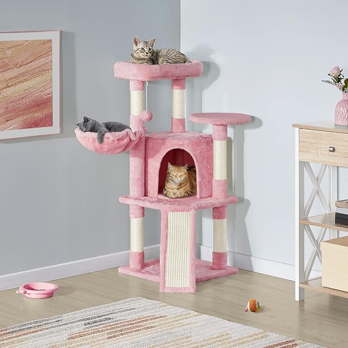 Topeakmart 42in Cat Tree Tower for Indoor Cats, Cat Condo with Perch & Hammock, Activity Center, Multi-Level Cat Furniture with Scratching Posts, Cat House, Pink