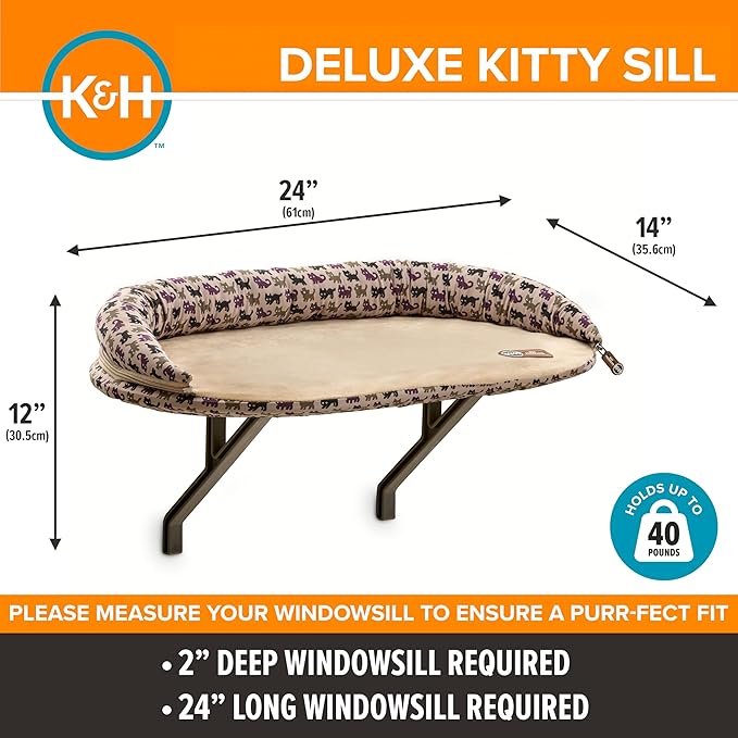 K&H Cat Window Perch, Deluxe Bolster Kitty Sill, 24x14in, Tan/Kitty Print | Cat Window Hammock Bed, Orthopedic Window Bed Holds 40 lbs, Washable Cover, Indoor Windowsill Furniture