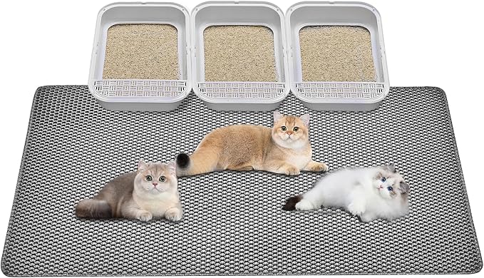 Cat Litter Mat - Extra Large Cat Litter Mat Litter Trapping Mat 46"x26"-Honeycomb Double Layer Design,Urine and Water Proof Material,No Slip& No Phthalate,Washable Easy Clean（Grey）