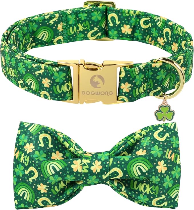 DOGWONG St. Patrick's Day Dog Collar with Bow Tie- Lucky Shamrock Bowtie Collar for Girl Boy Dog, Trefoil Dogs Collars Durable Adjustable, M