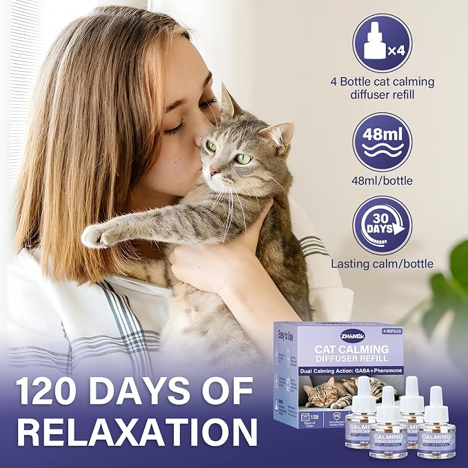 Cat Calming Diffuser Refill 4 Pack Pheromone Diffuser to Calm Cats 120 Days Effectively Anti Anxiety Relief Stress Cat Pheromones Calming Refills 48ml/Bottle Fits All Cats And Common Diffusers Plug in