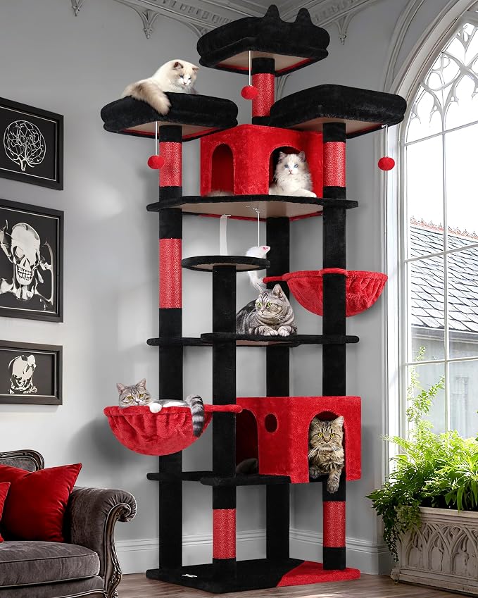 Globlazer Gothic Cat Tree Tower for Multiple Adult Cats, 82in, F82, Goth | XXL Tall Cat Tree Tower for Indoor Cats with Scratching Post, 3 Perches, 2 Condos, 2 Hanging Baskets
