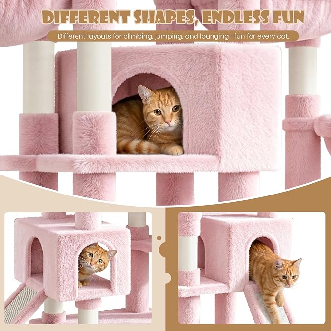 Sha Cerlin 87 in Multi-Level Tall Cat Tree Tower for Large Cats/Extra Wide Feline Activity Center/Sisal Scratching Posts/Wide Base/Cozy Plush Perches/Baskets/Hammocks/Toy Balls/Pink