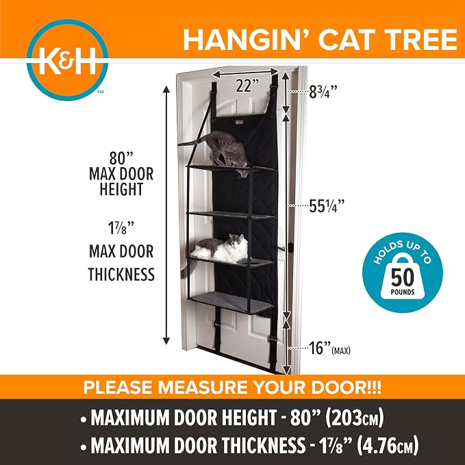 K&H Door Cat Tree, Over the Door Cat Furniture - Gray, Fits Doors <80in H | Space Saving Multi-Level Wall Perch Hammock Bed, Interconnecting Levels, Collapsible, Tool-Free Assembly