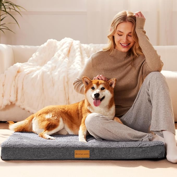 Patas Lague Orthopedic Large Dog Bed Washable Pet Sofa Mat 42''X28'' Grey | Egg-Crate Foam Dog Couch For Large Sized Dogs, Waterproof Removable Cover, Soft Pet Crate Bed With Nonskid Bottom