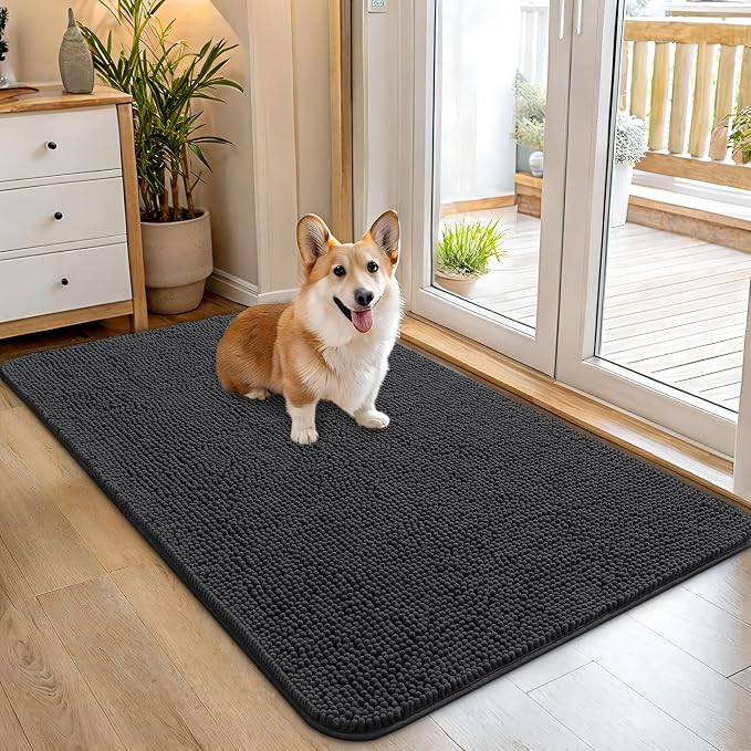 OLANLY Dog Door Mat for Muddy Paws 45x27, Super Absorbent Chenille Mud Mat | Dark Grey, Absorbs Moisture and Dirt, Non-Slip Machine Washable Doormat, Quick-Drying Indoor Entryway Floor Carpet for Dogs