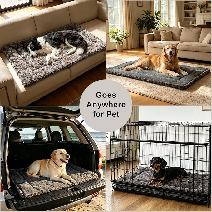 Reversible Dog Crate Mat for Large Dogs,Oxford & Fleece, 42"x27",Dark Gray | 1.2" Fill Preserves Crate Height,Fleece Cozy,Wipes Clean,Splash-Proof,Machine Washable, Folds Flat For 30" Wire Crate & Go