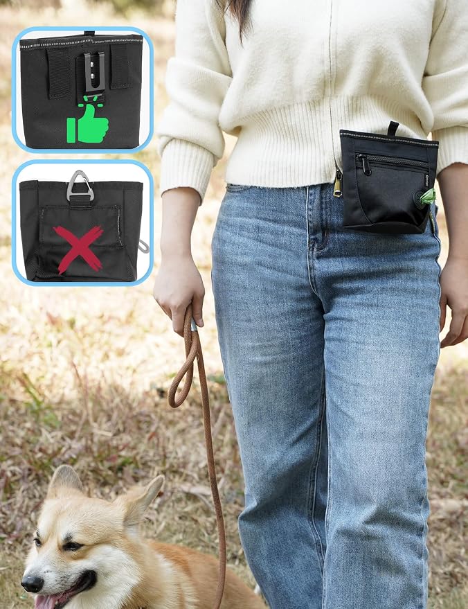 2 Cup Dog Treat Pouch with Silicone Insert Bag& Clicker(Raven) | 2 Pair Magnetic Closures, Zipper Pocket with Poop Bag Holder, Waist Belt & Metal Clip to Wear for Pet Training/Daily Walking