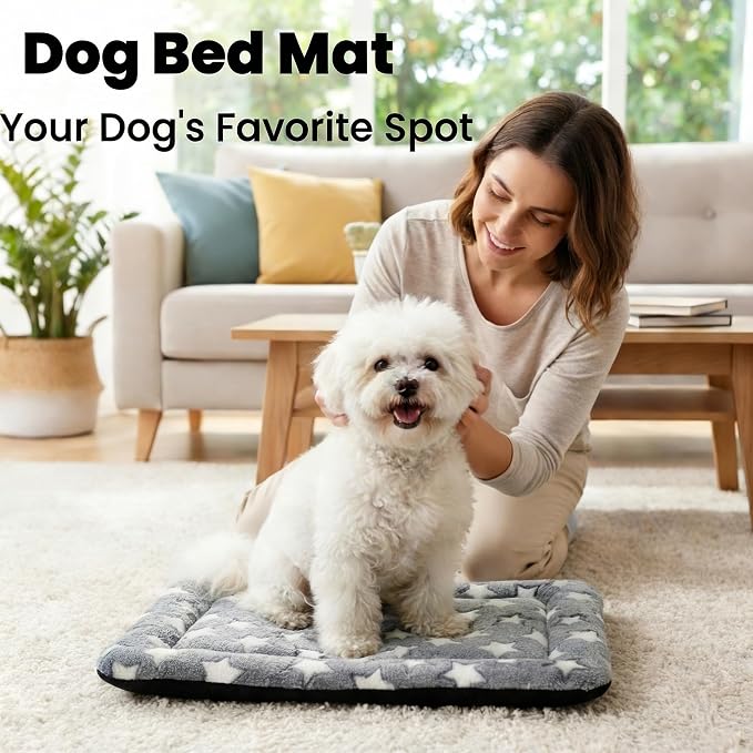 Dog Bed Mat, Reversible Dog Crate Pad for Small Medium Dogs & Cats, Soft Washable Kennel Mat with Non-Slip Bottom, Lightweight Pet Bed for Crate, Cage, Home and Travel(Gray Star, 24" L*18" W*1.5" Th)