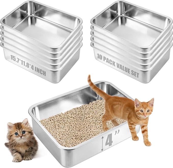 10 Pack Stainless Steel Cat Litter Box, 15.7"×11.8"×4" Metal Litter Pan, Small Litter Box for Little Cats Kittens, Easy Cleaning
