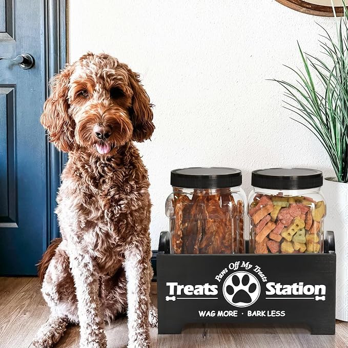 Dog Treat Container Dog Food Storage Container for Countertop, Cat Food Storage Container with 2 Plastic Dog Treat Jar, Dog Food Storage Container for Dog and Cat, Black Wooden Dog Food Container