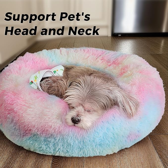 Calming Round Dog Bed & Cat Bed with Anti-Slip Bottom, Medium Size Washable Anti-Anxiety Donut Dog Beds for Small Dogs & Cats, Fluffy Plush Soft Dog Bed(24 Inch, Rainbow)