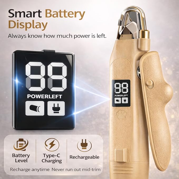 2-in-1 Dog Cat Nail Clippers with Light Bloodline Indicator & Electric Grinder – Type-C Rechargeable Dog Cat Nail Trimmer – Low Noise Grooming Tool with Battery Display (Dark Beige)