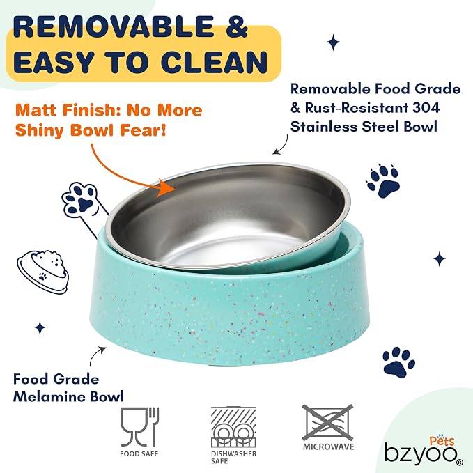 bzyoo 32oz 4CUP Dog & Cat Bowl, Sprinkle Design, Hygienic 304 Stainless Steel Pet Bowl with Removable Inner Bowl, Non-Slip Silicone Base, Dishwasher Safe, for Dry/Wet/Raw Food & Water (Green)