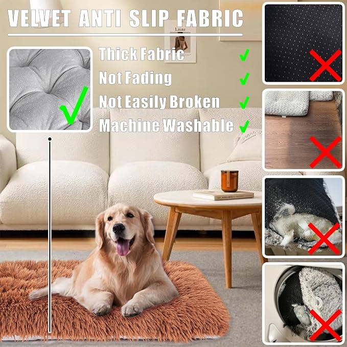 Machine Washable Dog Bed, Deluxe Plush Dog Crate Pad and Cat Bed, Anti-Slip Bottom Kennel Pad Mat, Fuzzy Pet Beds for Large, Medium, Small Dogs Breeds (Brown, 24.0" L x 18.0" W x 3.0" Th x 2 Pack)