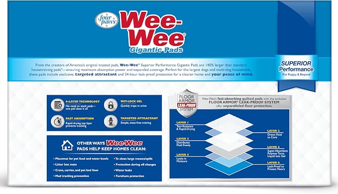 Four Paws Wee-Wee Superior Performance Pee Pads for Dogs with Runoff Barrier Edge Guard Protection, Puppy & Dog Potty Training Pads, Housebreaking Pet Supplies, 27.5" x 44" (50 Count)