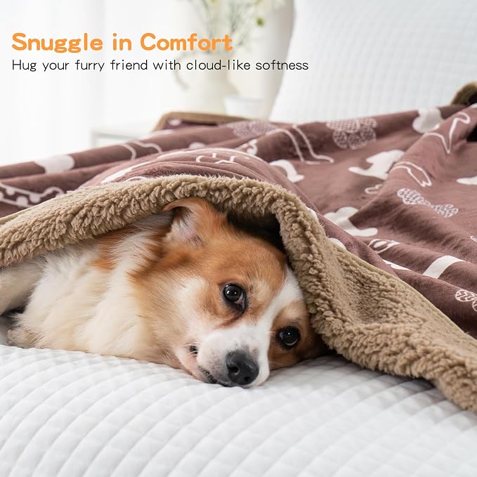 Waterproof Dog Blankets Pet Blanket 50"x60", Soft Fluffy Sofa Car Bed Protector, Reversible Sherpa Fleece Dog Blanket for Large Dogs(Chocolate Brown-Bones)