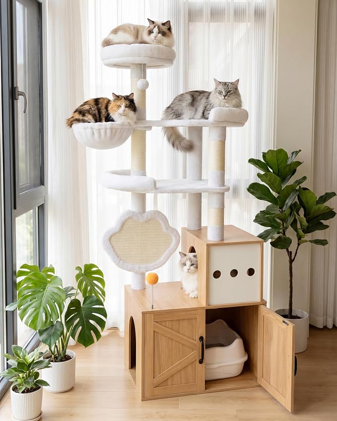 Heybly Cat Tree with Litter Box Enclosure, Modern 64" Hidden Tower HCT105BT | All-in-One Solid Wood Cat Condo for Indoor Cats with Paw-Shaped Board, Multi-Level Perch & Playzone, White Oak