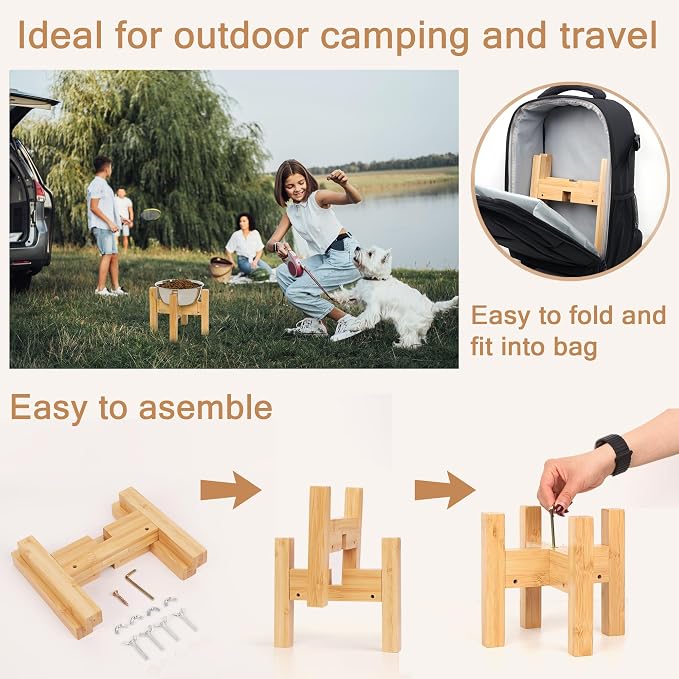 Elevated Dog Bowl Stand Adjustable Dog Food Holder 7”H Small Bamboo | Raised Stand, for Small Dogs, Fits 6”-8” Bowls, Single Bowl Holder, Natural Bamboo, Solid, Classic