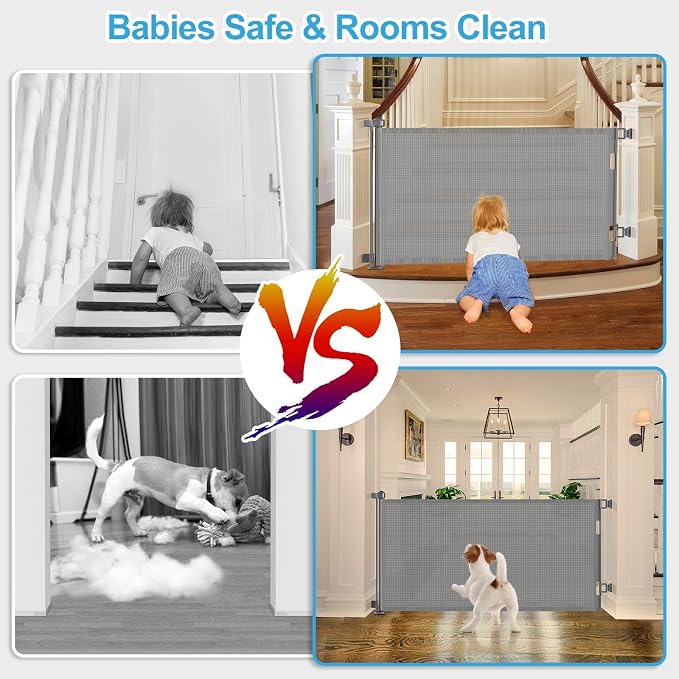 71 inch Retractable Baby Gates, EZIGO Extra Wide Baby Gate for Large Opening Extra Long Mesh Gate for Kids or Pet Dog Gate Child Safety Gate for Stairs Hallways Doorway Indoor Outdoor, Gray