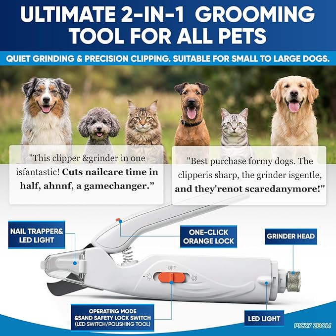 2-in-1 Dog & Cat Nail Clippers and Grinder with LED Light | Sharp Blade, Low-Noise Grinder, Safety Guard & USB Rechargeable Cordless Design for Small, Medium and Large Pets