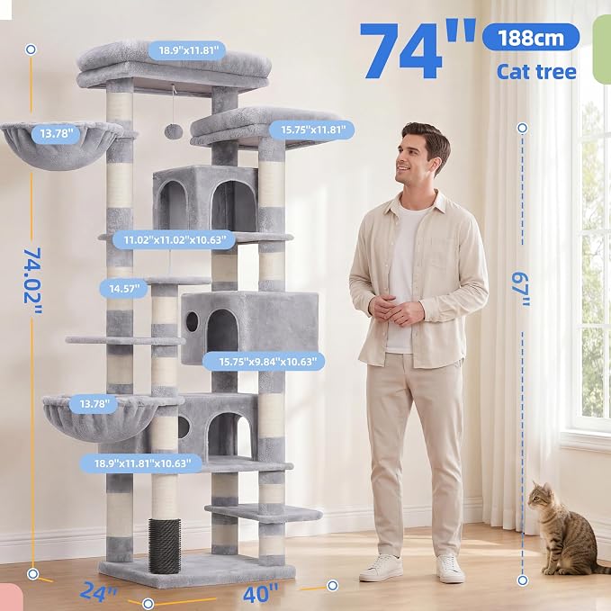 Hey-brother Cat Tree, Multi-Level Tower with 3 Condos, Hairbrush, MPJ035-MW | 74 Inches XL Large Scratching Posts for Indoor Cats and Kittens, 2 Wide Platforms, 2 Plush Baskets, Toy Balls, Light Gray