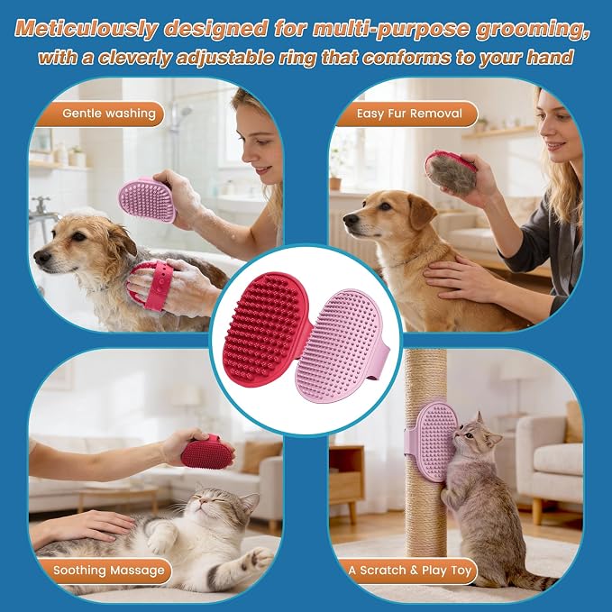 7 PCS Pet Grooming Kit for Dogs and Cats | Dog Washing Gloves | Dog Bath Brush | Cleanroom Gloves | Dog Shampoo Brush | Finger Toothbrushes | Storage Bag | All-in-One Pet Care (Pink)