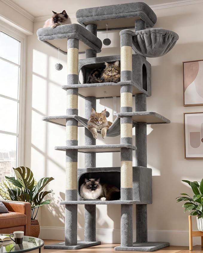 Globlazer Giant Tall Heavy Duty Cat Tower for Indoor Large Cats, F83B | XXL Multi-Level Large Cat Condo with 8 Scratching Posts, Hammock, 2 Cat Caves, 2 Platform, Light Grey