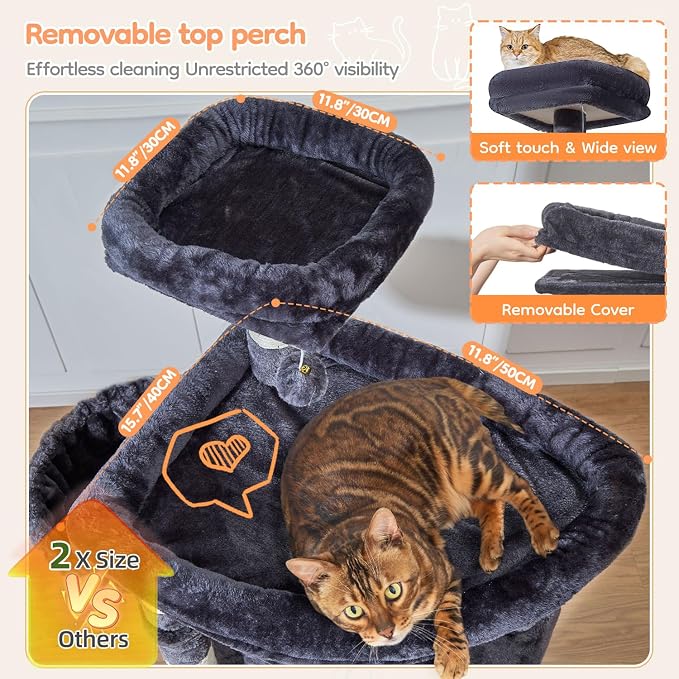Taoqimiao 71in Cat Tree, Heavy Duty Large Cat Tower for Indoor Cats MS050G | Extra Wide Sturdy Base, Tall Multi-level, 7 Sisal Scratching Posts, 2 Houses, 2-Post Supported Baskets, 2 Perches, Smoke Gray