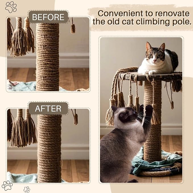 Sisal Rope for Cat Scratcher 1/4" 50 Ft Cat Tree Rope Twine for Repairing Cat Scratching Post Replacement DIY Hemp Rope for Carpet Mat Kicker House, Pet Toy, and Crafts Gardening Home Decorating