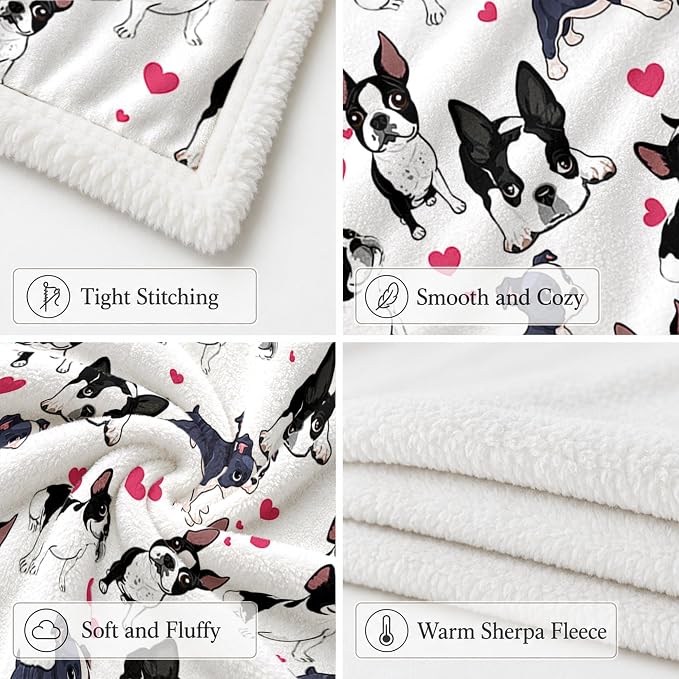 BlessLiving 50x60 Sherpa Fleece Throw Blanket, Boston Terrier | sherpa fleece. boston terrier print; for couch, bed, or sofa.
