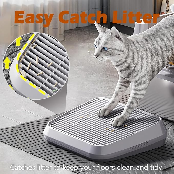 SpaceTime Elevated Cat Litter Mat for Litter Box,Trapping Litter Ramp/Steps for Floor Indoor,Washable Easy Cleaning Cat Pad with Filter Function,Suitable for Kitty & Senior Cats (Light Grey)