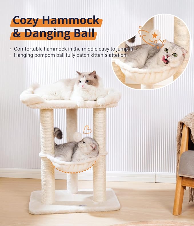 Happi N Pets 28" Cat Tree, Large Bed for Big Cats, Small Cat Tower with Soft Perch for Window Viewing, Stable Cat Tree Tower, Cat Scratching Post with Hammock, Removable Cover-Beige