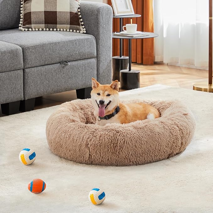 DUMOS Donut Dog Beds for Large Dogs, Machine Washable Cuddler Warming Cozy Fluffy Faux Fur Plush Round Pet Bed, Anti-Slip Bed for Indoor Dogs and Cats, 30.7x30.7 Inch, Brown