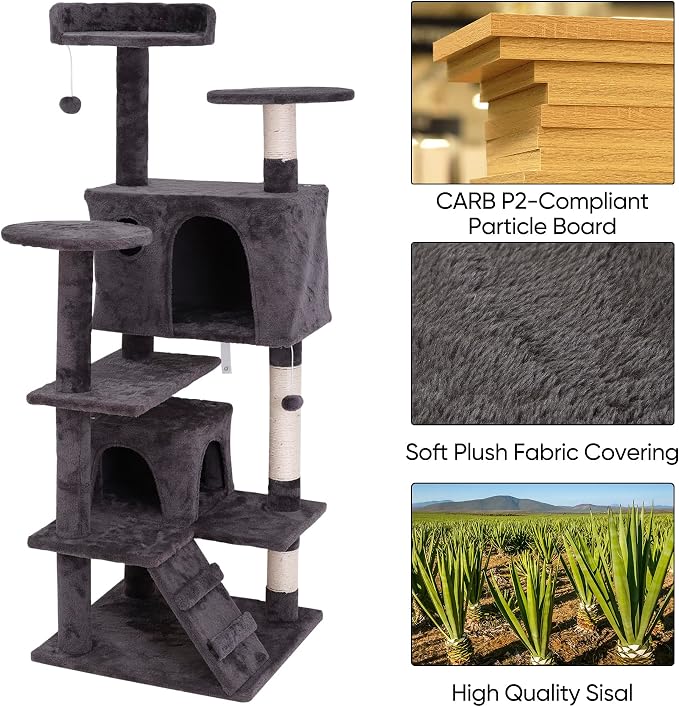 ZENY 54 Inch Cat Tree, Indoor Cat Tower Condo, Multi-Level Cat House with Sisal-Covered Scratching Post + 2 Play House, Pet Cat Furniture, Grey
